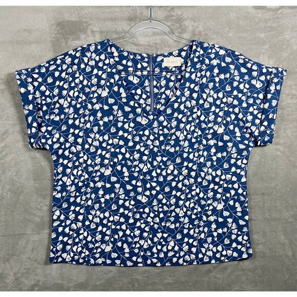 Melloday Blue White Floral V-Neck Short Sleeve Relaxed Fit Blouse Zipper Closure - Picture 2 of 8